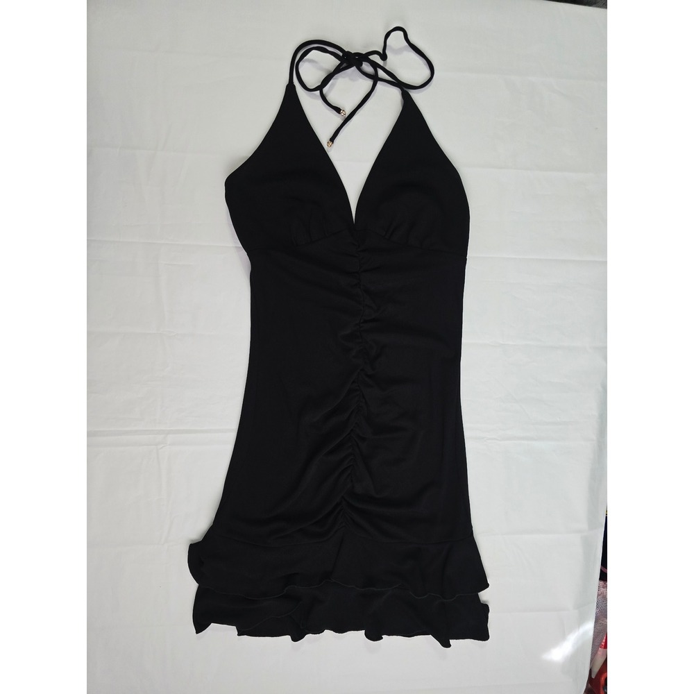 ABS by Allen Schwartz Black Halter Mini Dress Ruched Ruffle Hem Petite 388YU05 - Picture 2 of 16